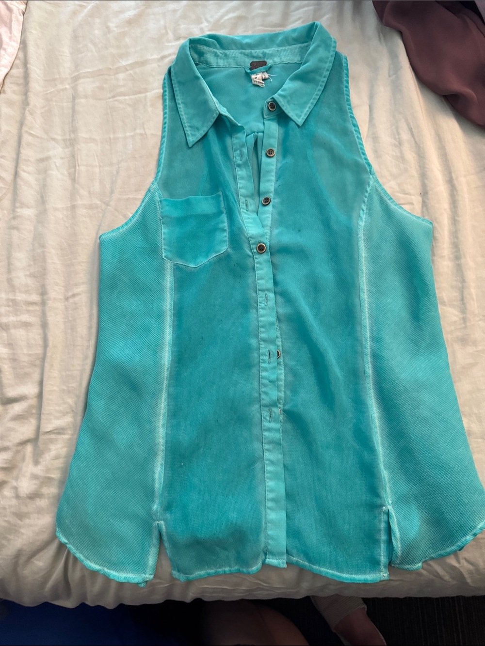 We The Free Turquoise Sleeveless Button-Down Collared Top